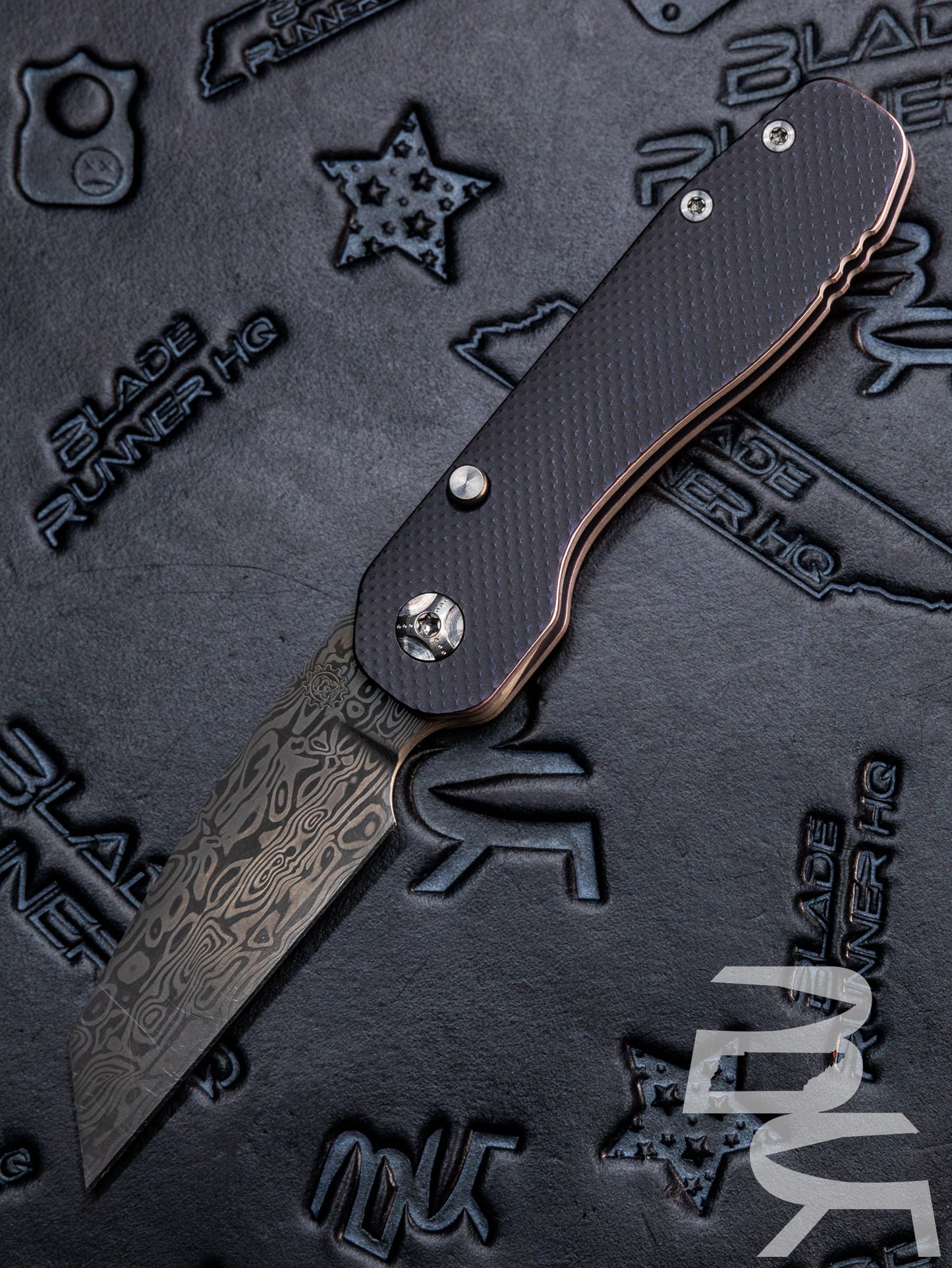 Pre Owned USED Smock Knives Custom SK23 Flipper Knife 3.125" Damasteel Wharncliffe Blade, Gray Milled Titanium Handles, Frame Lock