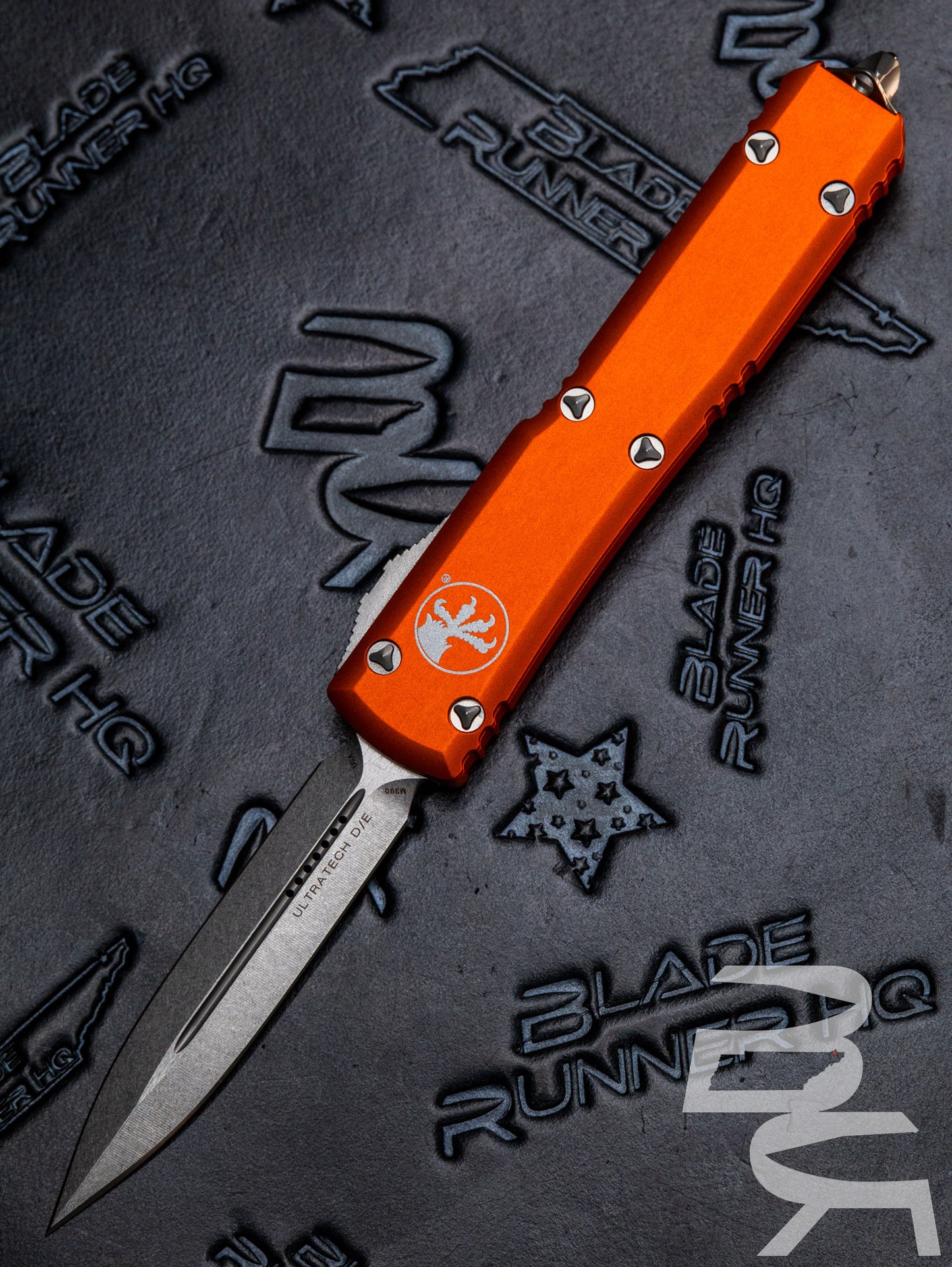 Microtech 122-10OR Ultratech AUTO OTF Knife 3.46" Stonewashed Double Edge Dagger Blade, Orange Aluminum Handles