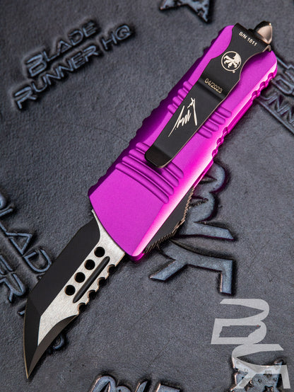 Microtech 819-1VIS Signature Series Troodon Mini OTF AUTO Knife 1.99" Black Hellhound Tanto Blade, Violet Aluminum Handles