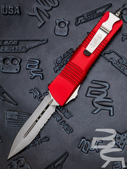 MICROTECH COMBAT TROODON OTF KNIFE- DOUBLE EDGE- RED HANDLE- STONEWASH PART SERRATED BLADE 142-11 RD