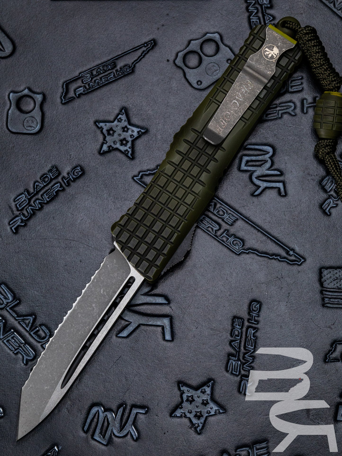 Pre Owned Microtech Combat Troodon Green FRAG OFF T/E Tanto Full Serrated 144-12APFOGG SN:05