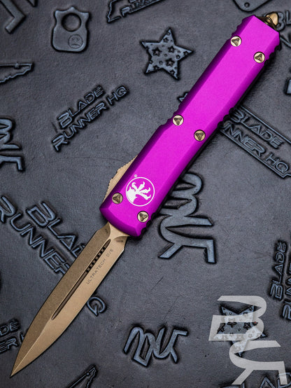 MICROTECH ULTRATECH OTF KNIFE- DOUBLE EDGE- VIOLET HANDLE- BRONZED APOCALYPTIC BLADE AND HARDWARE 122-13 APVI