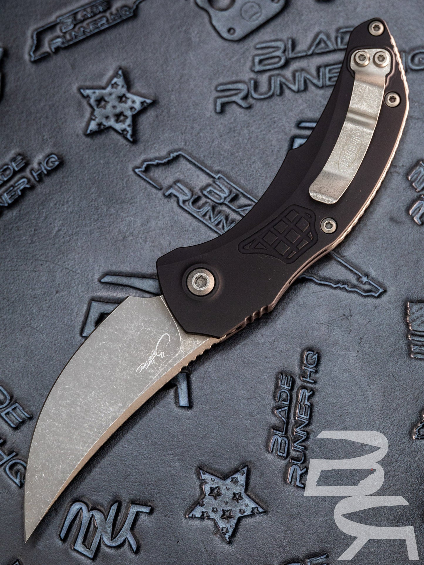 Microtech/Bastinelli Creations 268A-10AP Brachial AUTO Folding Knife 3.5" Apocalyptic Trailing Point Blade, Milled Black Aluminum Handles *