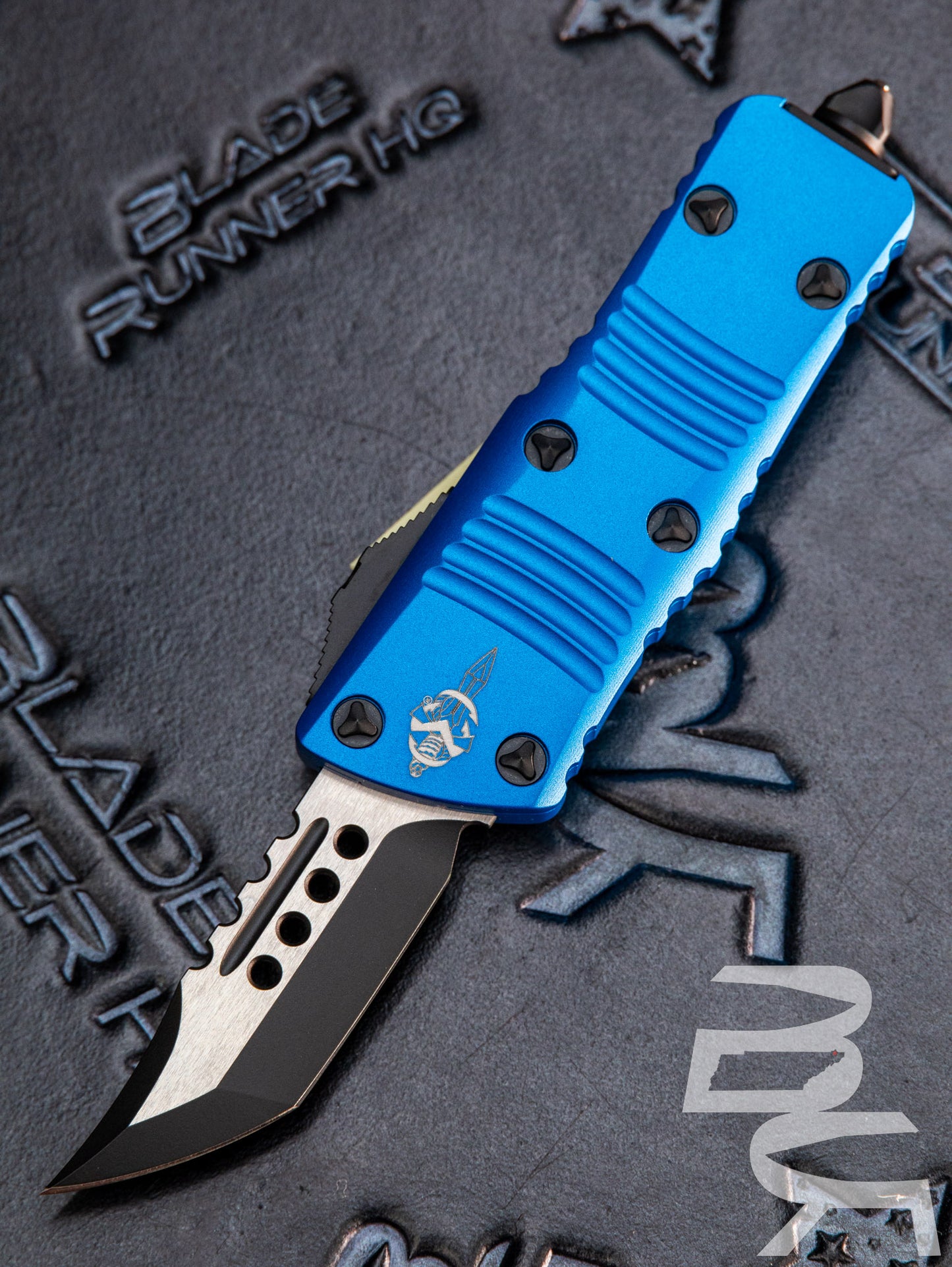 Microtech 819-1BLS Signature Series Troodon Mini OTF AUTO Knife 1.99" Black Hellhound Tanto Blade, Blue Aluminum Handles