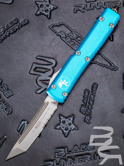 MICROTECH ULTRATECH OTF KNIFE- TANTO EDGE- TURQUOISE HANDLE- STONEWASH PART SERRATED BLADE 123-11 TQ