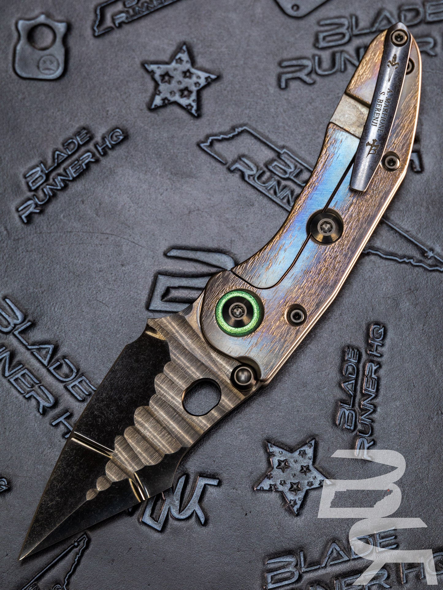 Pre Owned Marfione Custom Knives & Borka Blades Stitch w/ DLC Cracked Diamond Wash “RockStar” Rocked Double Star Grind M390 & Cosmic Titanium