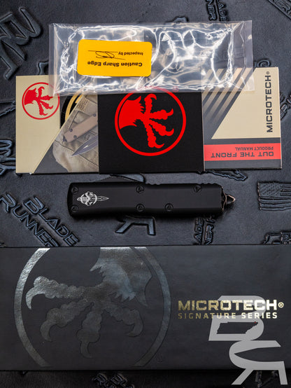 MICROTECH UTX-85 OTF KNIFE- HELLHOUND EDGE- TACTICAL- BLACK HANDLE- BLACK BLADE- BLACK HARDWARE 719-1 TS