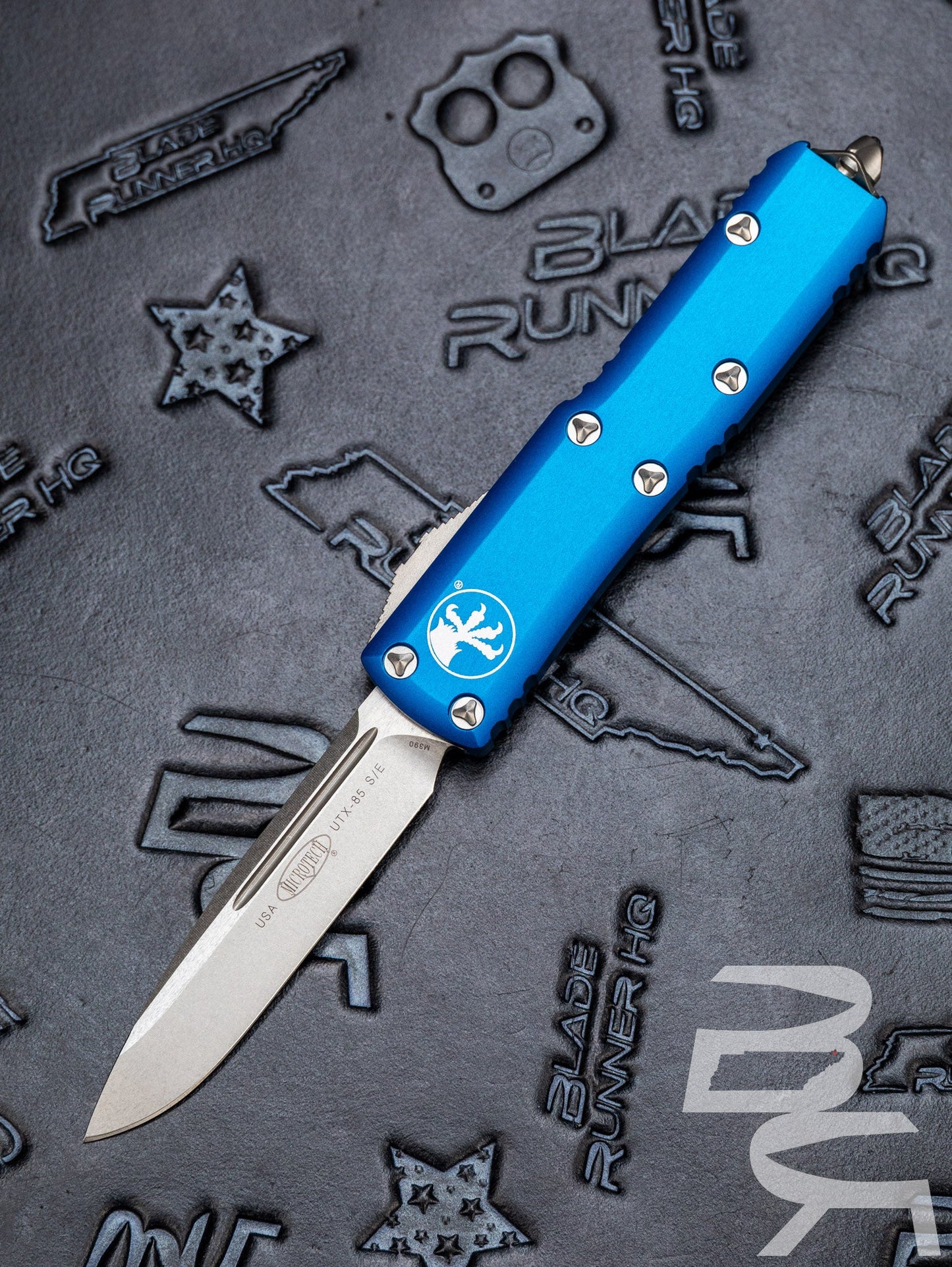 Microtech 231-10BL UTX-85 AUTO OTF Knife 3" Stonewashed Drop Point Blade, Blue Aluminum Handles *