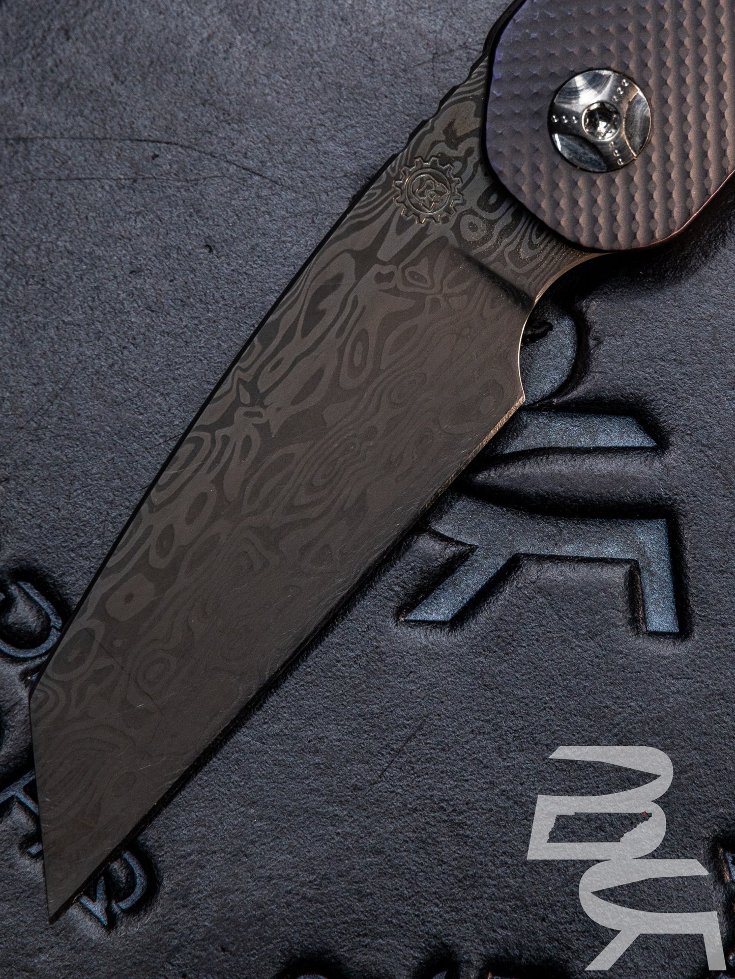 Pre Owned USED Smock Knives Custom SK23 Flipper Knife 3.125" Damasteel Wharncliffe Blade, Gray Milled Titanium Handles, Frame Lock