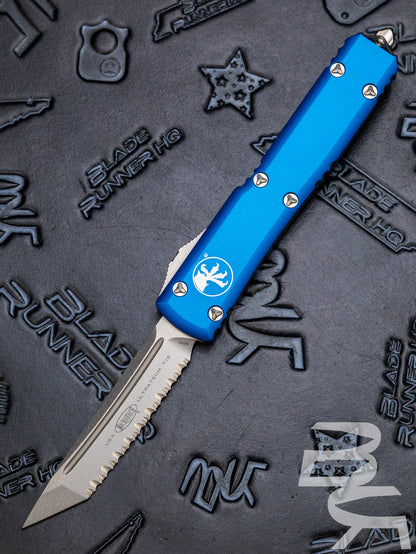 MICROTECH ULTRATECH OTF KNIFE- TANTO EDGE- BLUE HANDLE- STONEWASH FULL SERRATED BLADE 123-12 BL