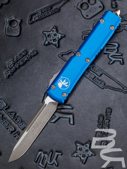 MICROTECH ULTRATECH OTF KNIFE- SINGLE EDGE- BLUE HANDLE- APOCALYPTIC BLADE 121-10 APBL