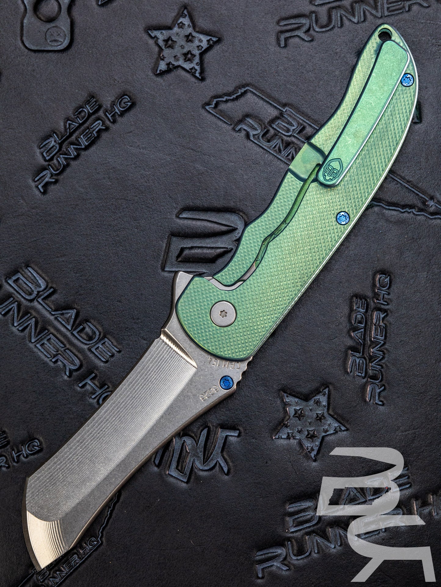 Pre Owned Grimsmo Knives Custom Norseman Flipper Knife 3.7" CPM-154 Stonewashed Blade, Crosshatch Machined Titanium Handles, Frame Lock
