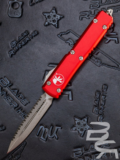 MICROTECH ULTRATECH OTF KNIFE- DOUBLE EDGE- RED HANDLE WITH FULL SERRATED STONEWASH BLADE 122-12 RD
