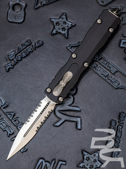 Microtech 225-5 Dirac AUTO OTF Knife 2.92" Satin Double Combo Edge Dagger Blade, Black Aluminum Handles