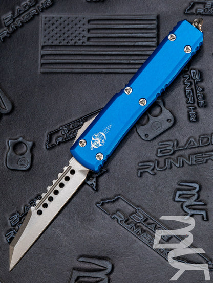 Microtech 119W-10BLS Signature Series Ultratech Warhound AUTO OTF 3.46" Stonewashed Wharncliffe Blade, Blue Aluminum Handles