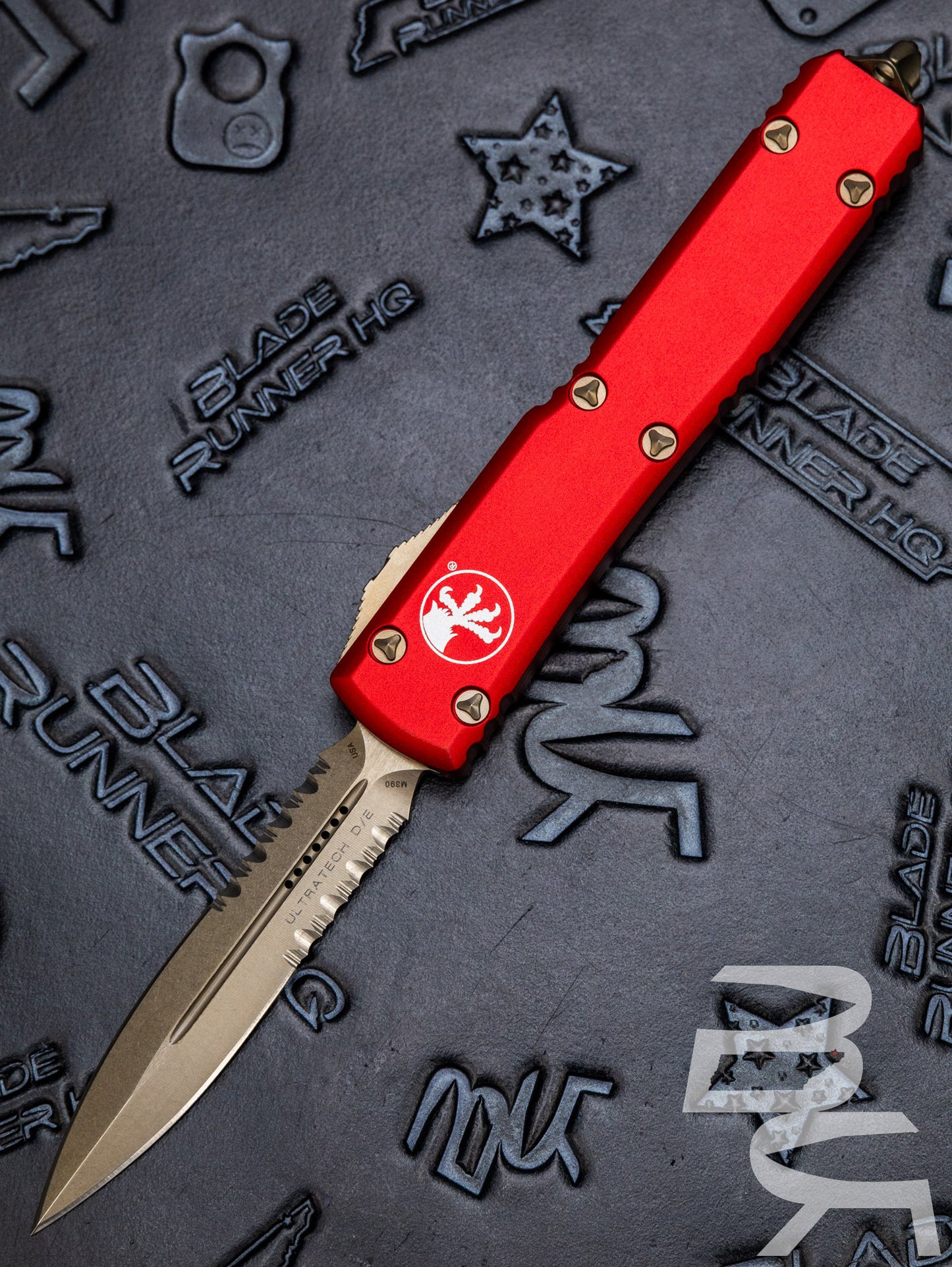 MICROTECH ULTRATECH OTF KNIFE- DOUBLE EDGE- RED HANDLE- BRONZED APOCALYPTIC PART SERRATED BLADE AND HARDWARE 122-14 RD