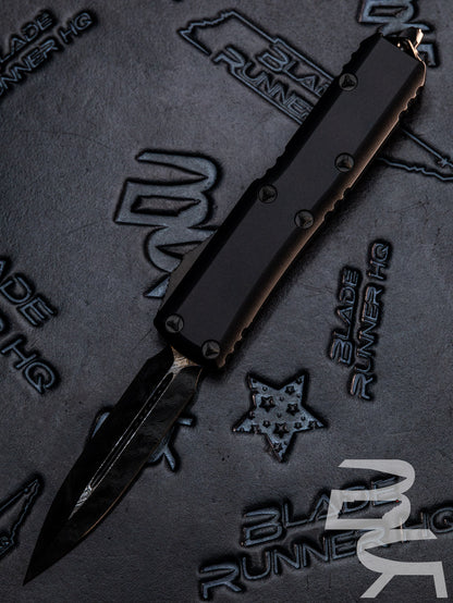 MICROTECH UTX-85 OTF KNIFE-SHADOW EDITION- DOUBLE EDGE- BLACK HANDLE- ETCHED LOGO- DAMASCUS BLADE 232-16 DLCTSH