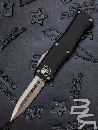 MICROTECH HERA OTF KNIFE- DOUBLE EDGE- BLACK HANDLE- STONEWASH BLADE 702-10