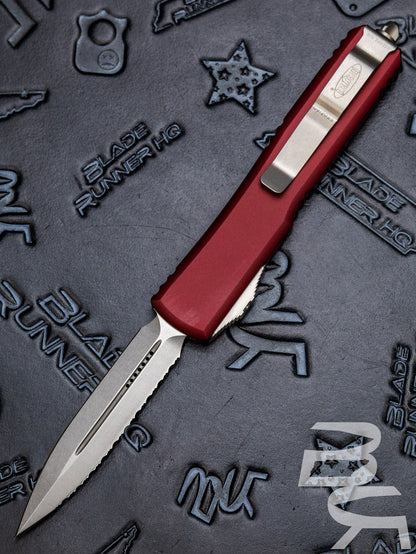 MICROTECH ULTRATECH OTF KNIFE- DOUBLE EDGE- MERLOT RED HANDLE WITH FULL SERRATED STONEWASH BLADE 122-12 MR