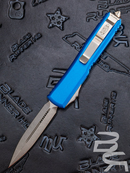 MICROTECH ULTRATECH OTF KNIFE- DOUBLE EDGE- BLUE HANDLE- STONEWASH PLAIN EDGE BLADE 122-10 BL