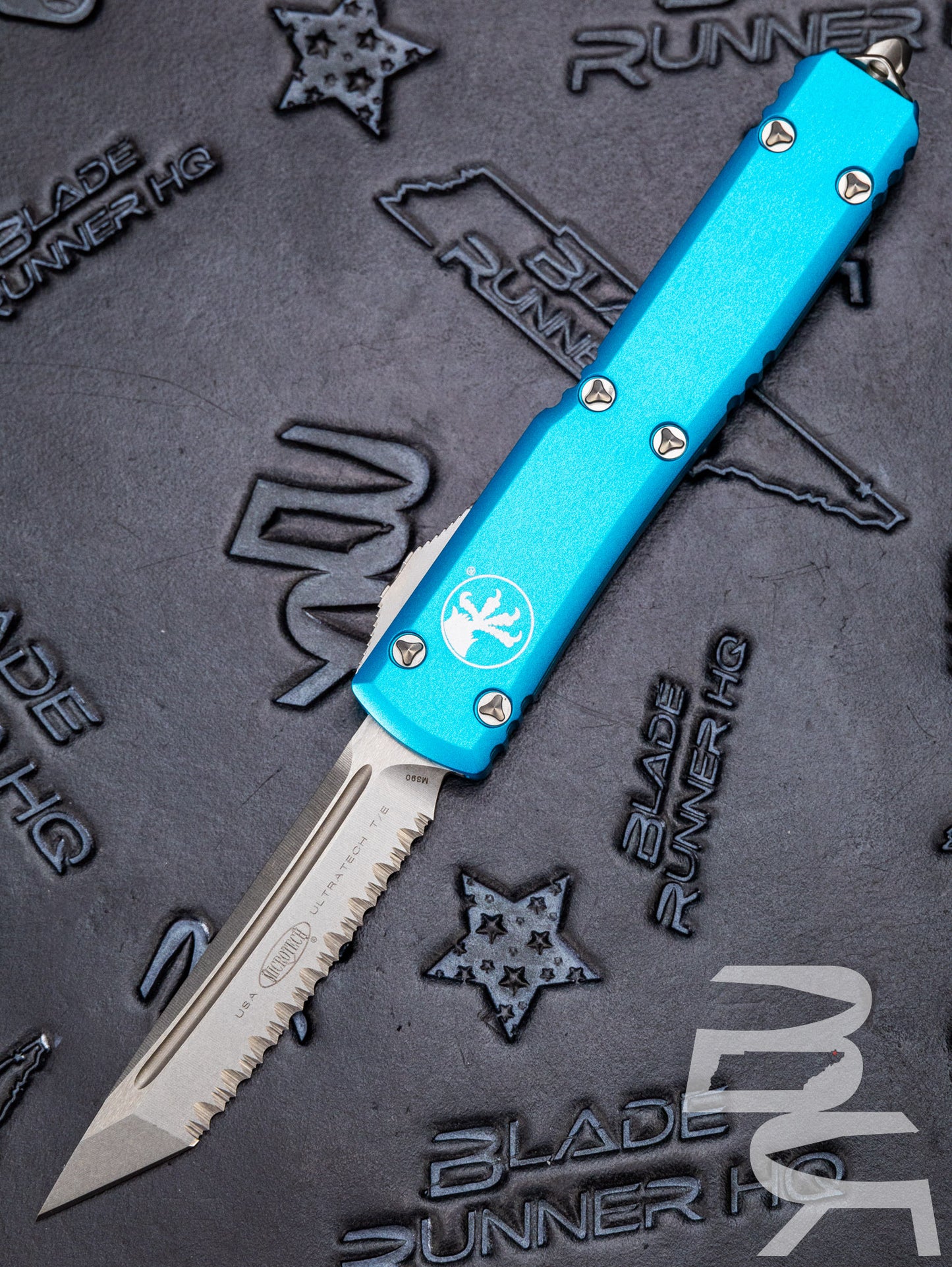 MICROTECH ULTRATECH OTF KNIFE- TANTO EDGE- TURQUOISE HANDLE- STONEWASH FULL SERRATED BLADE 123-12 TQ