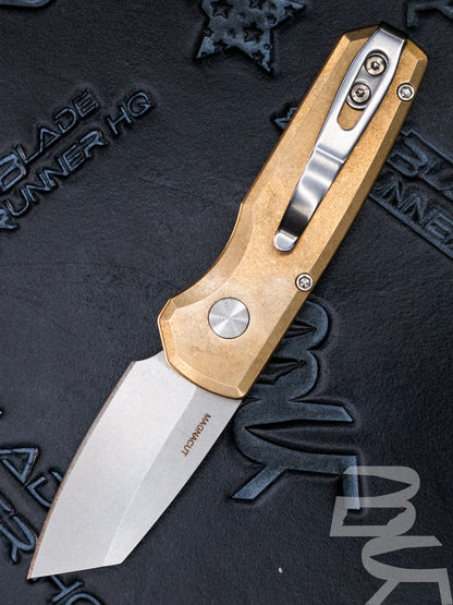 Pro-Tech R5410 Runt 5 AUTO Folding Knife 1.94" CPM-MagnaCut Stonewashed Reverse Tanto Blade, Stonewashed Bronze Aluminum Handles, Mother of Pearl Button