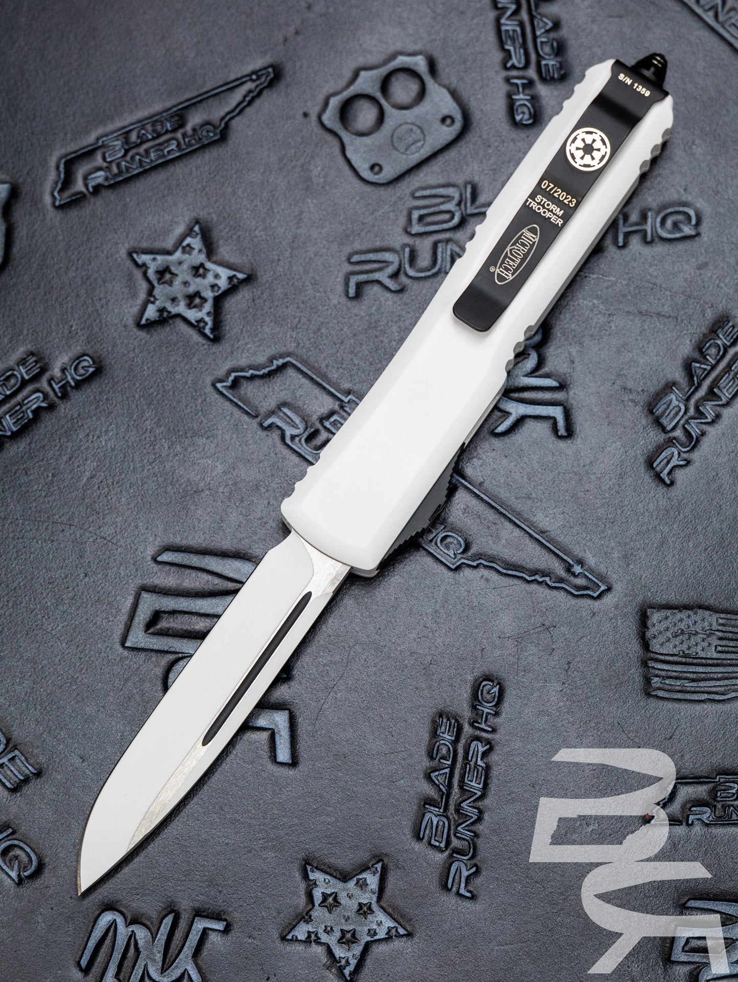 Microtech 121-1STD Deep Engraved Stormtrooper Ultratech AUTO OTF 3.46" White Drop Point Plain Blade and Aluminum Handles