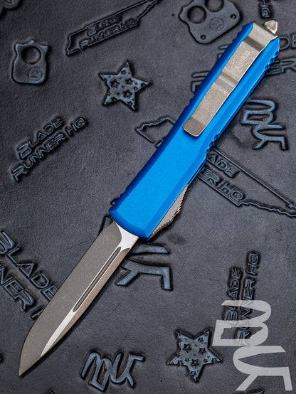 MICROTECH ULTRATECH OTF KNIFE- SINGLE EDGE- BLUE HANDLE- APOCALYPTIC BLADE 121-10 APBL