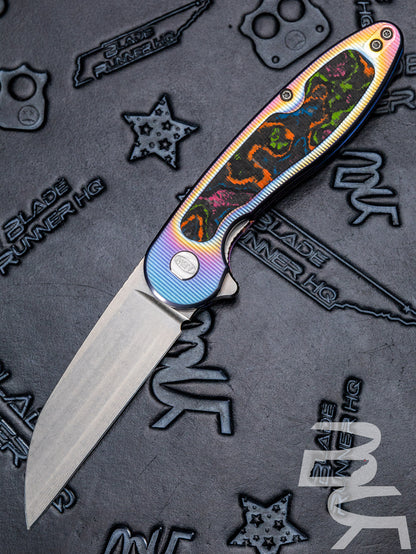 Pre Owned AMERICAN BLADE WORKS MODEL 1 TITANIUM LINER LOCK Wharncliffe Magnacut 80s Camo Carbon Inlay BladeRunner HQ Bazaar Exclusive Modded Anodized 1off