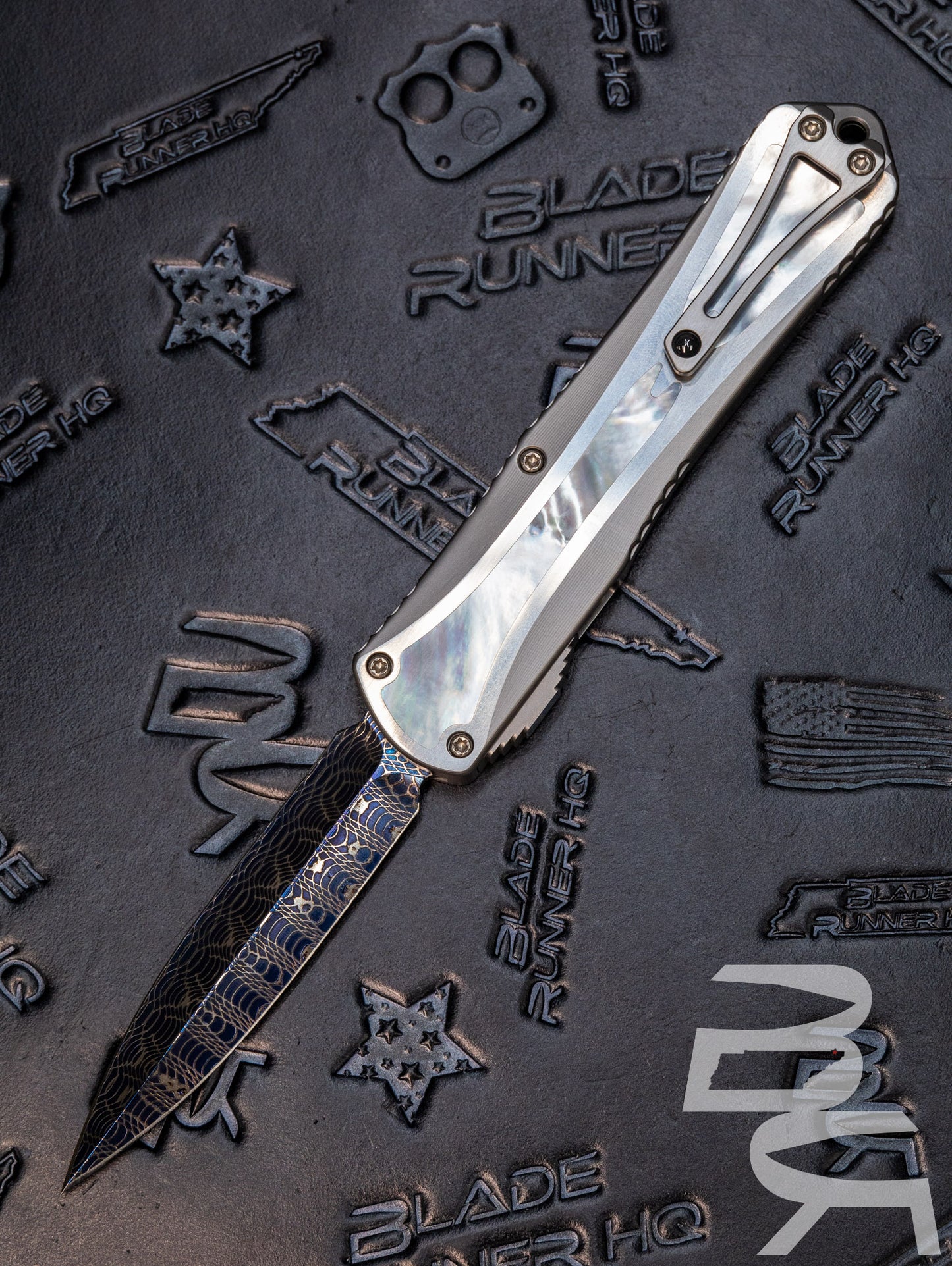 Heretic Knives Manticore X Hand Ground Vegas Forge Blued Damascus D/E & Hefted Stainless Steel Handle w/ Mother of Pearl Inlays
