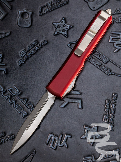 MICROTECH ULTRATECH OTF KNIFE- DOUBLE EDGE- MERLOT RED WITH STONEWASH PART SERRATED BLADE 122-11 MR