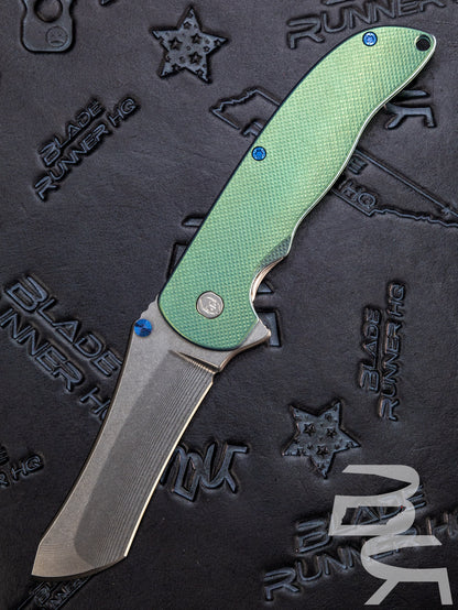 Pre Owned Grimsmo Knives Custom Norseman Flipper Knife 3.7" CPM-154 Stonewashed Blade, Crosshatch Machined Titanium Handles, Frame Lock