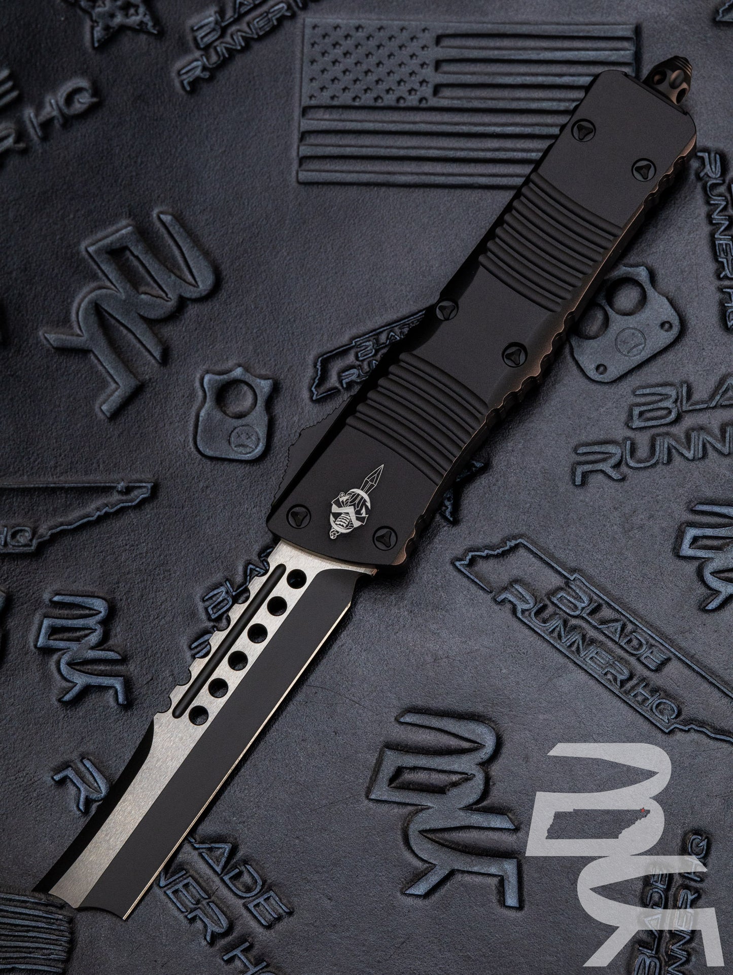 Microtech 219R-1TS Signature Series Combat Troodon Tactical AUTO OTF Knife 3.75" Black Hellhound Razor Blade, Black Aluminum Handles