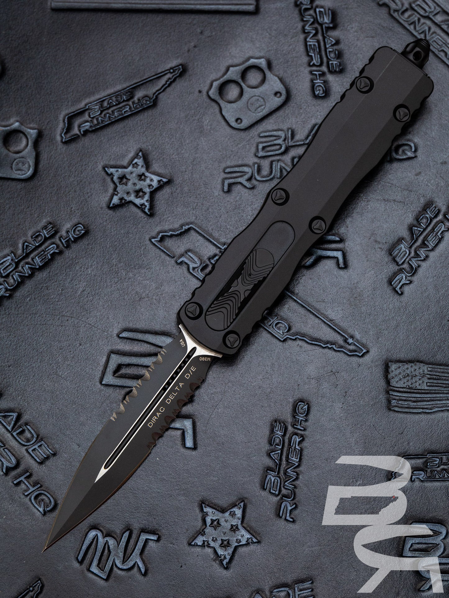 Microtech 227-2T Dirac Delta Tactical AUTO OTF Knife 3.79" Black Double Combo Edge Dagger Blade, Black Aluminum Handles