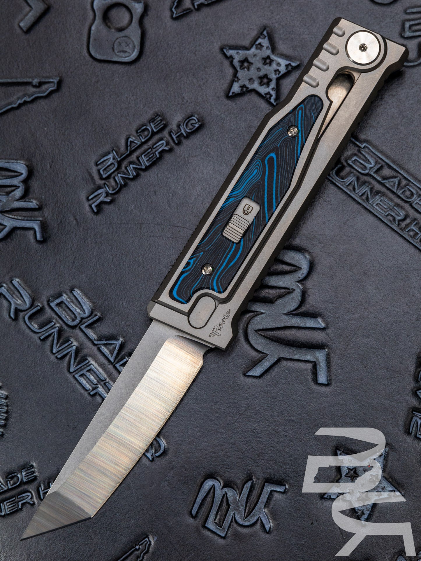REATE EXO-M G10 BLUE/BLACK OTF KNIFE TITANIUM 2.95" TANTO SATIN