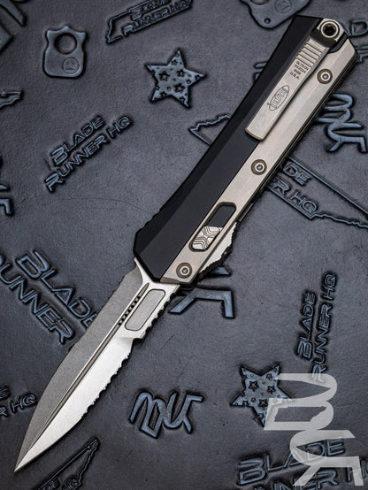 Microtech 184-12 Glykon AUTO OTF Knife 3.75" Stonewashed Double Combo Edge Bayonet Blade, Black Aluminum Handles with Titanium Overlays
