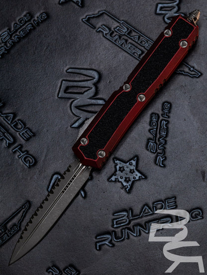 Microtech 206-12 APWRDS Signature Series Makora OTF AUTO 3.3" Apocalyptic Double Edge Dagger Blade Full Serrate , Weathered Red Aluminum Handles with Black Traction Inlays