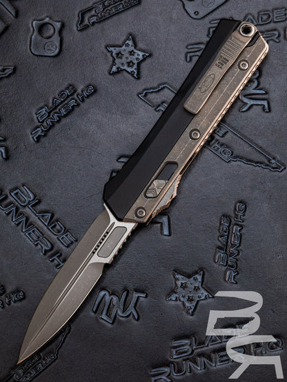 Microtech 184-10 Glykon AUTO OTF Knife 3.75" Stonewashed Double Edge Bayonet Blade, Black Aluminum Handles with Titanium Overlays
