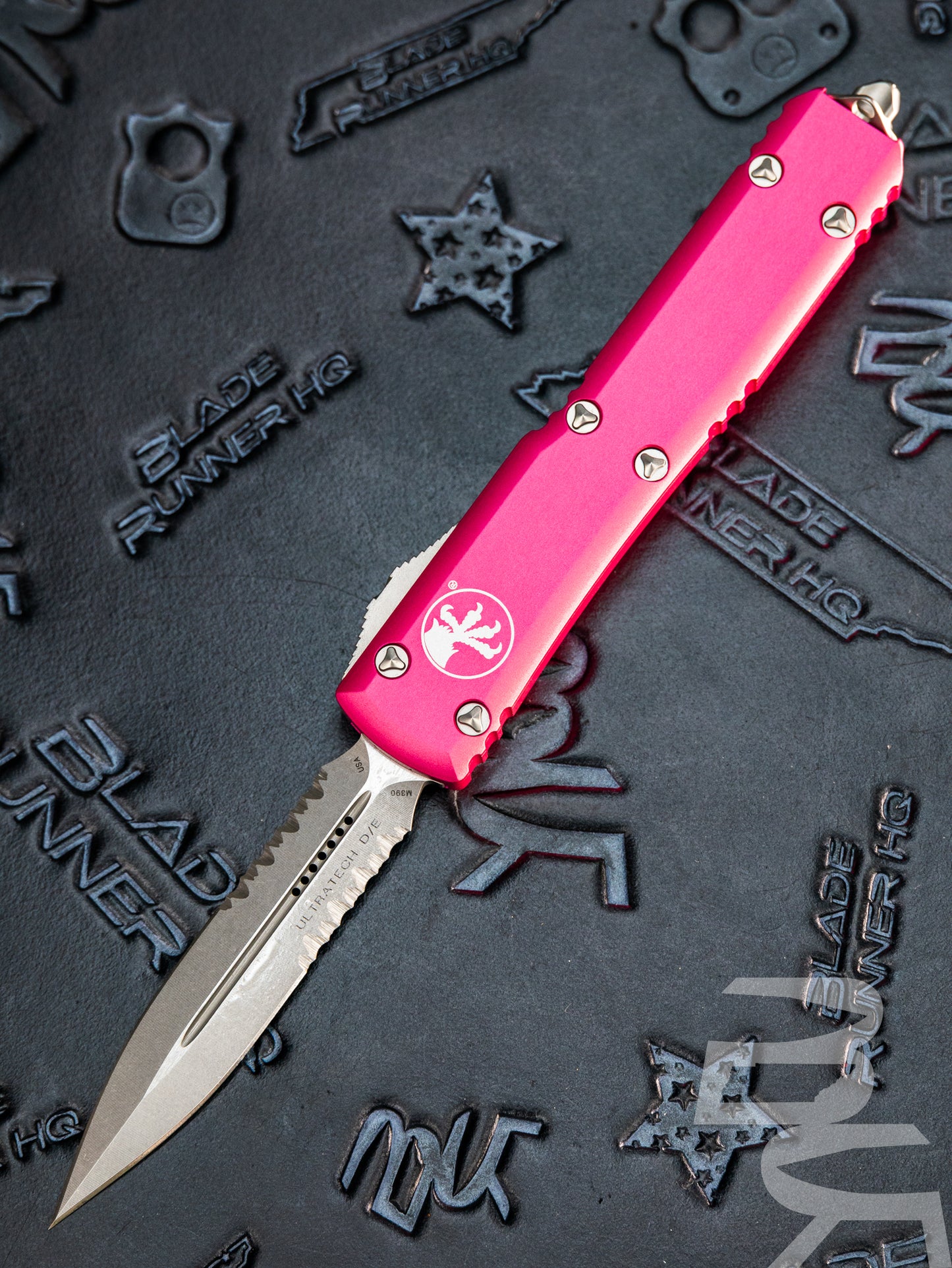 Microtech Ultratech D/E OTF Automatic Knife Pink (3.4" Stonewash Serr) 122-11PK