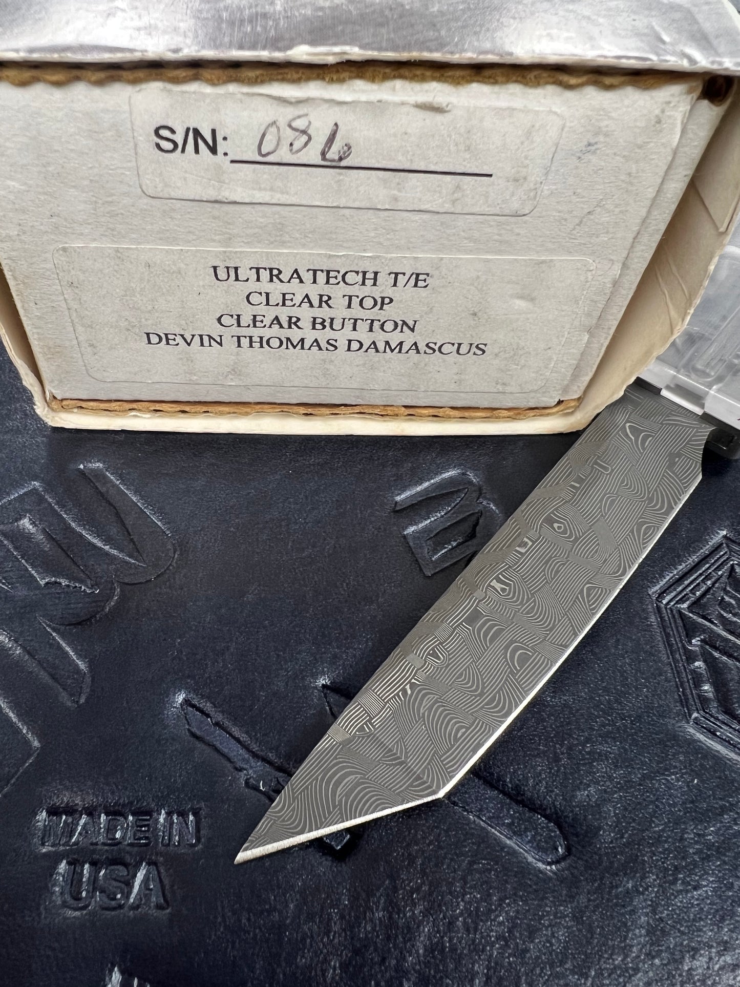 Pre Owned Microtech Ultratech Tanto T/E Clear Top Clear Button Devin Thomas Damascus SN:086 See Pics